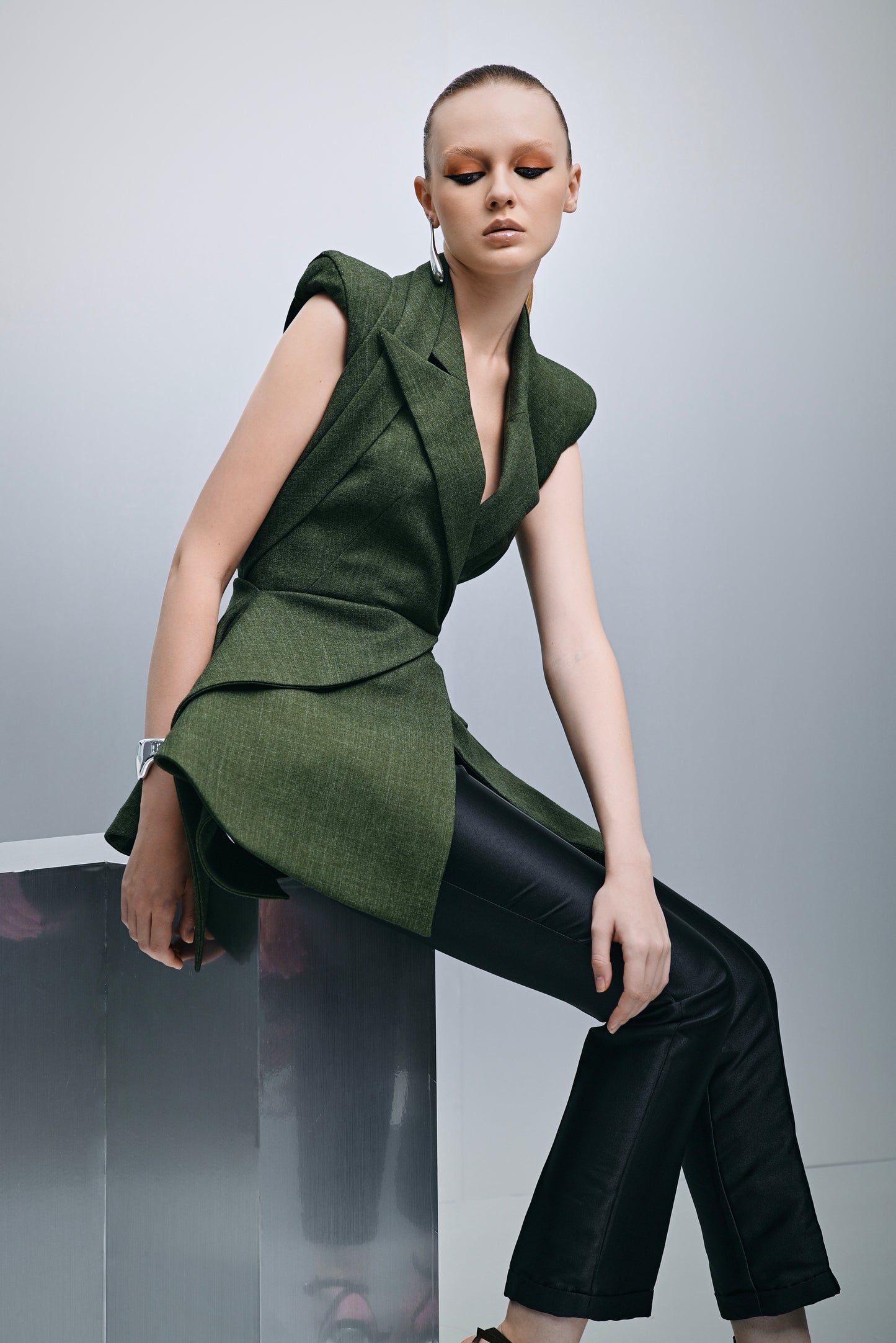 Anouk draped tailored vest with draped hem in linen blend suiting