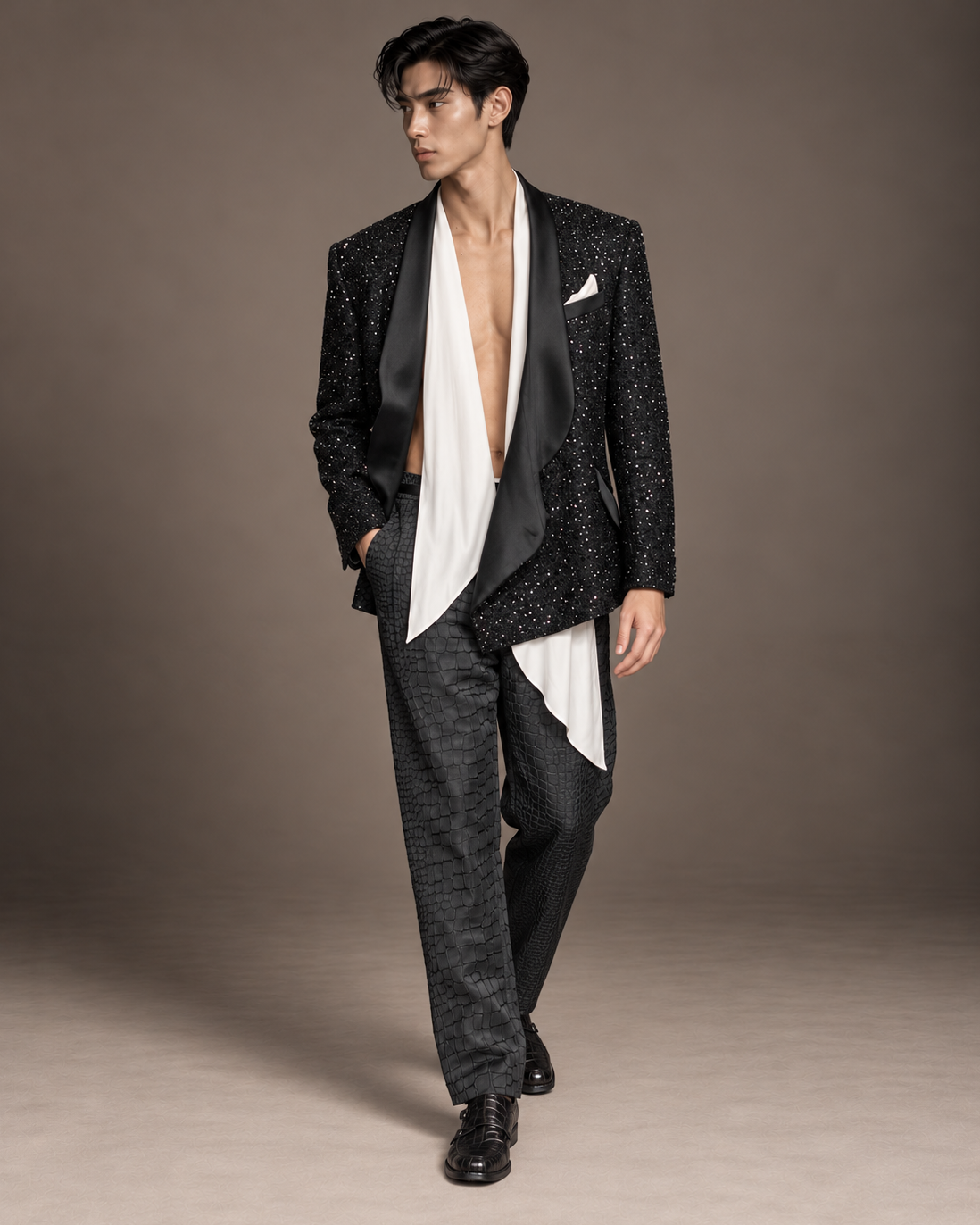 Jaxon asymmetricsl tuxed in sequined tweed