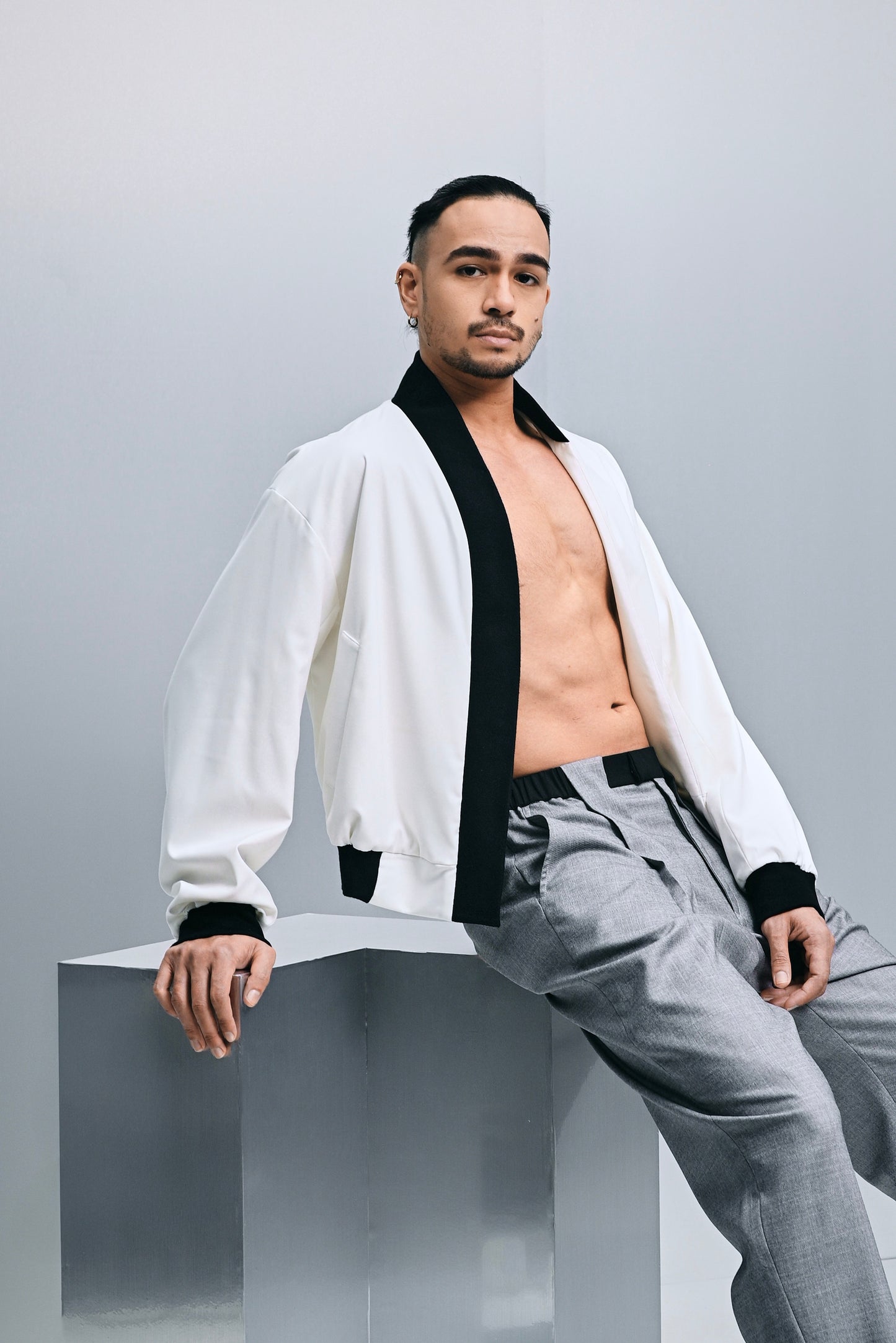 Arlo cropped hybrid bomber jacket in white