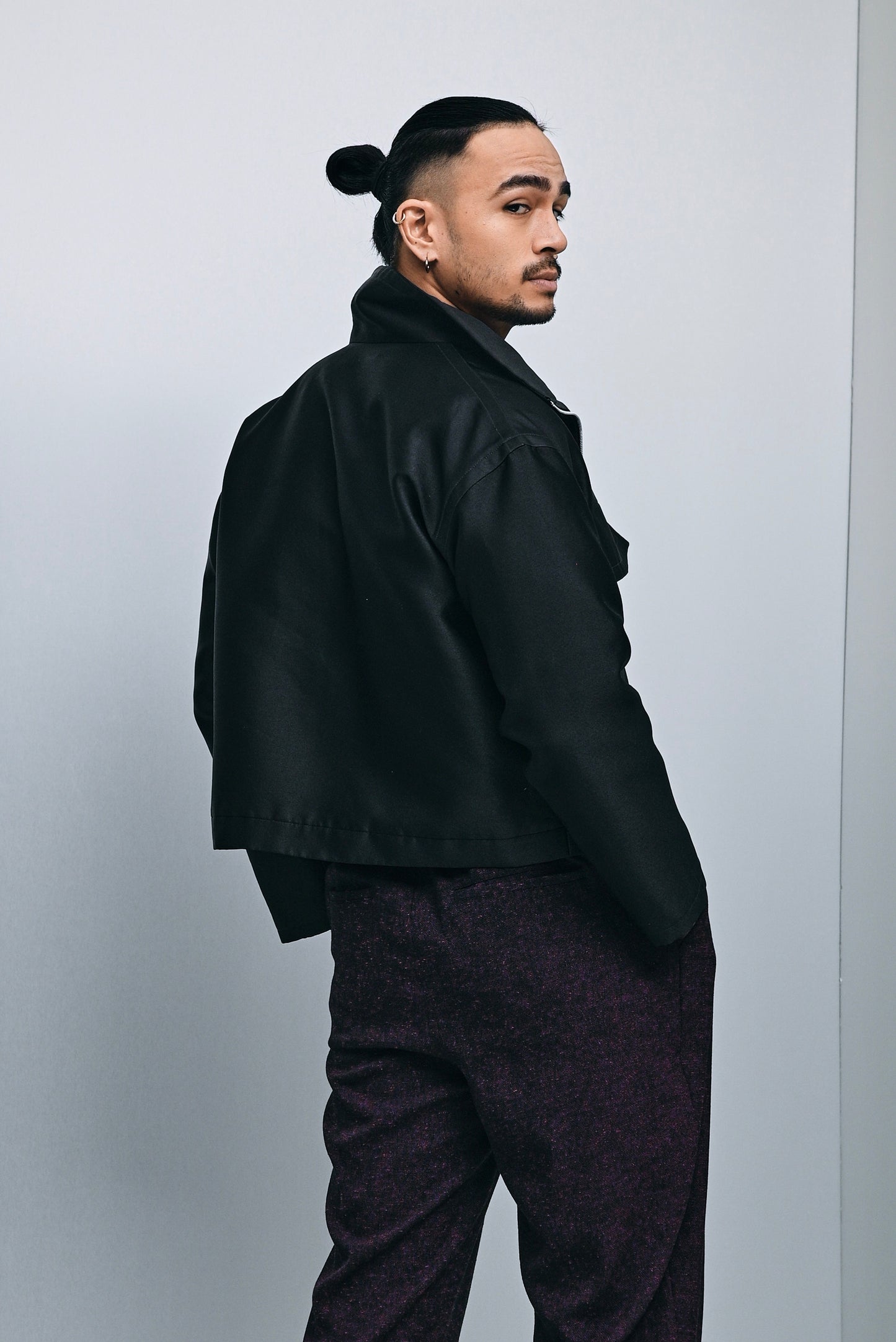 Ascher cropped bonded jacket in black Mikado