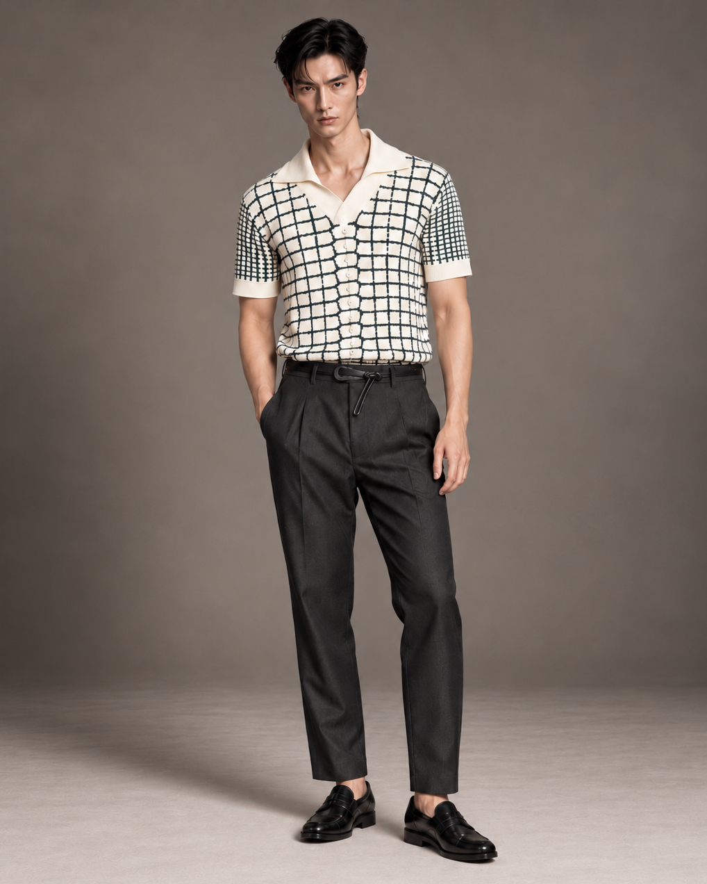 Xavion intarsia croc texture knitted polo Ecru