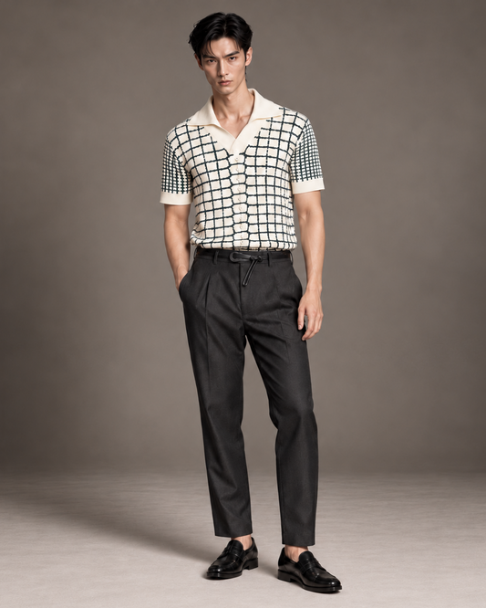 Xavion intarsia croc texture knitted polo Ecru