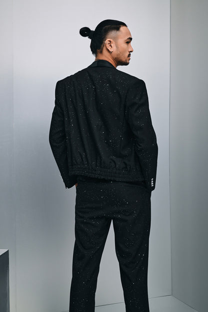 Zander hybrid glitter laminated bomber suit