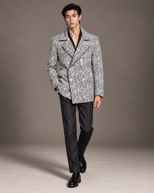 Dimitri black and white woven chenile pea coat