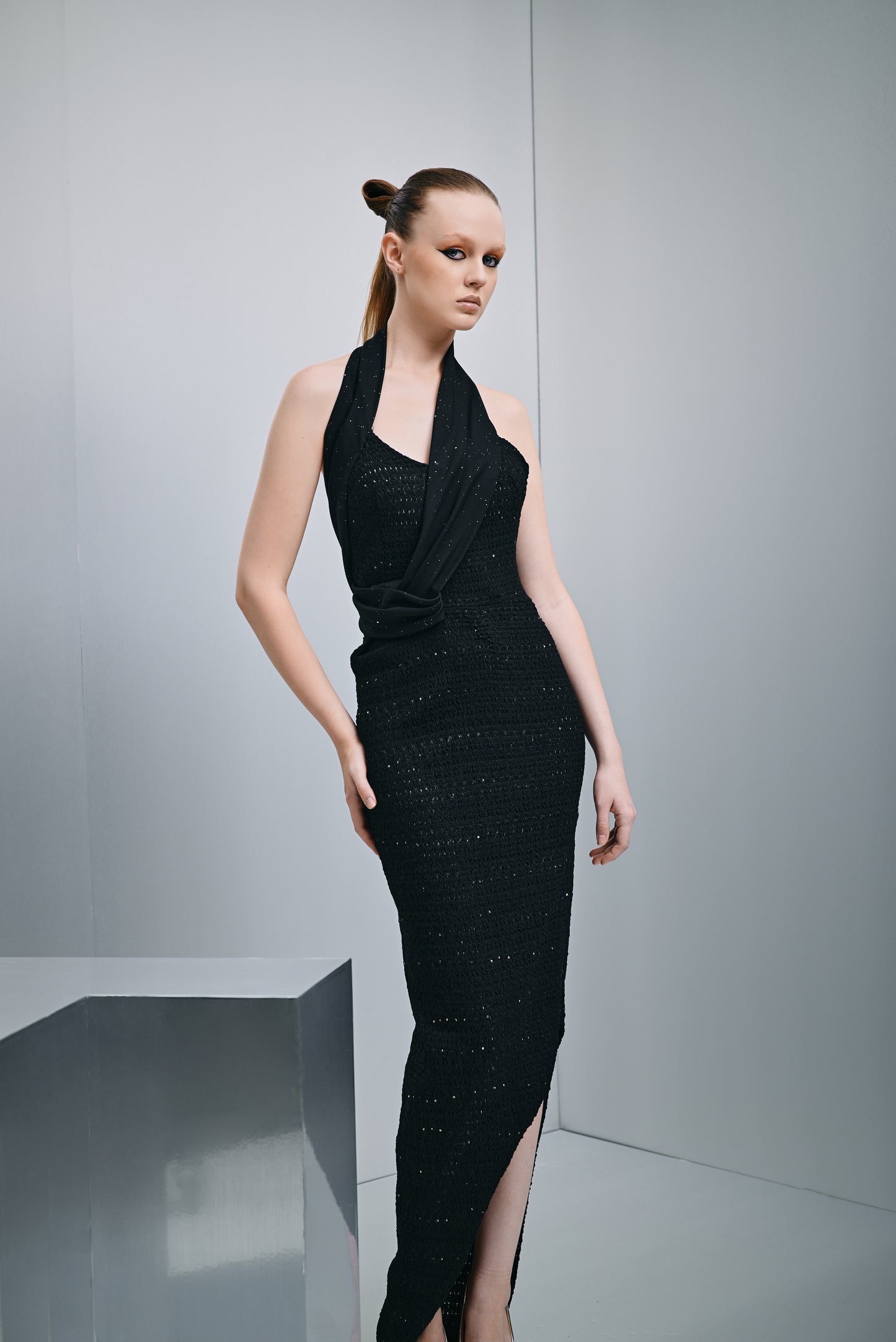 Iskra draped sequinned tweed evening dress