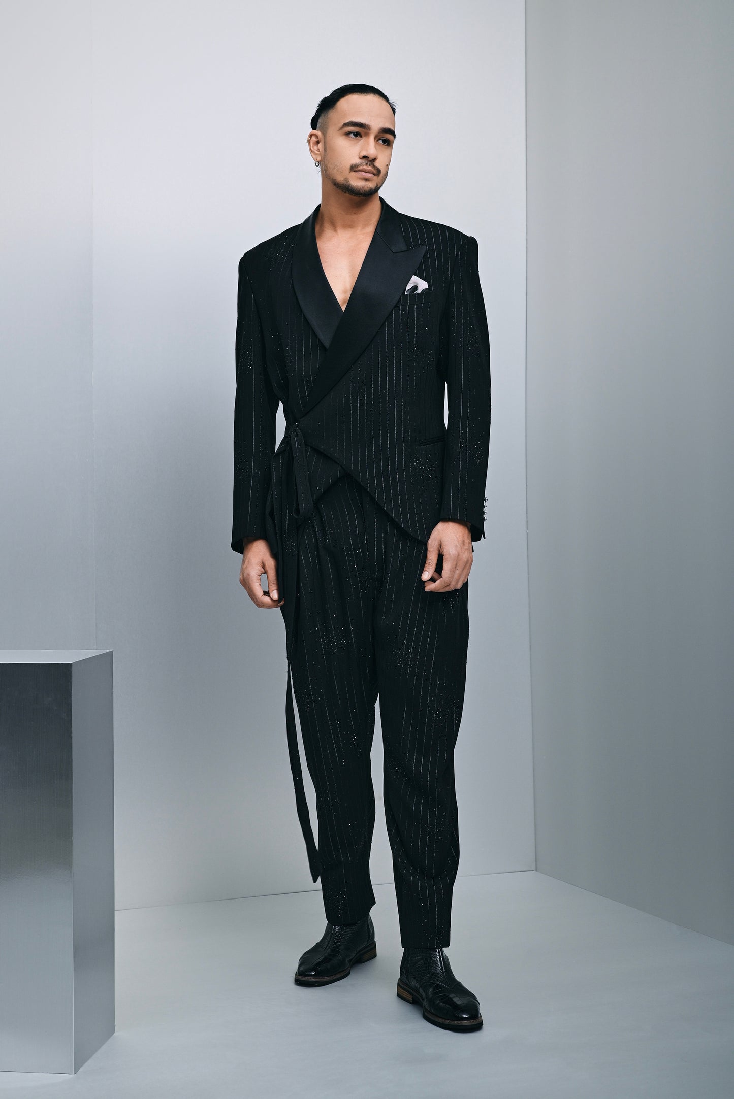 Ezra hybrid suit in crystalized pin stripe