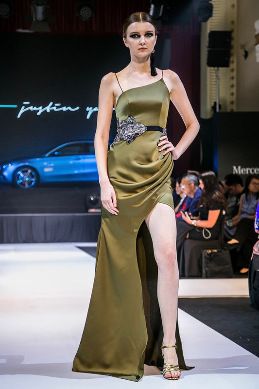 WHITNEY DRAPED MERMAID GOWN IN OLIVE