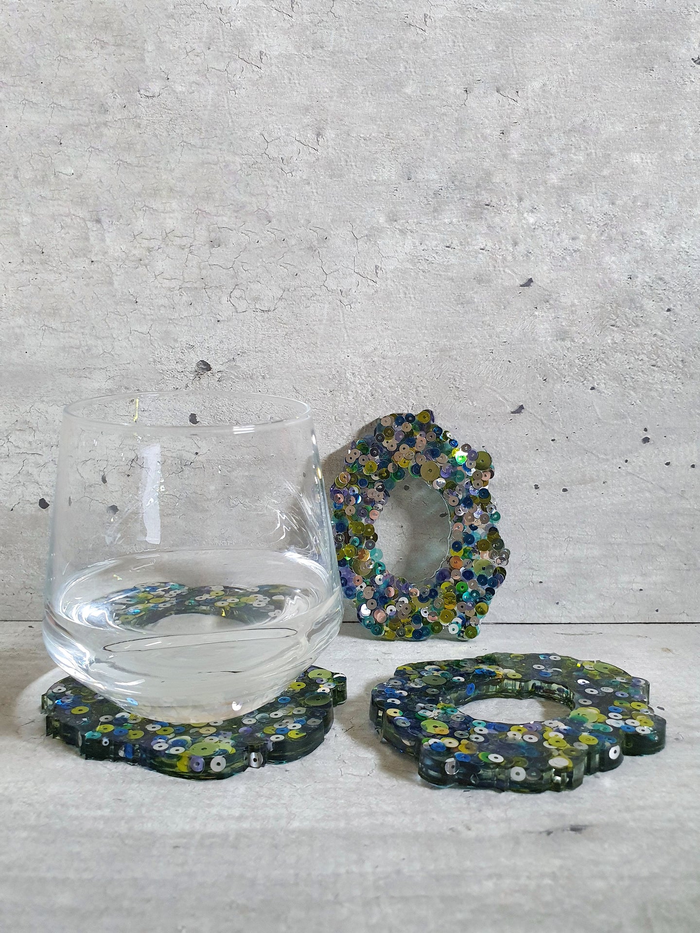 Shades Of Green Sequins Resin Coasters (Set of 3)