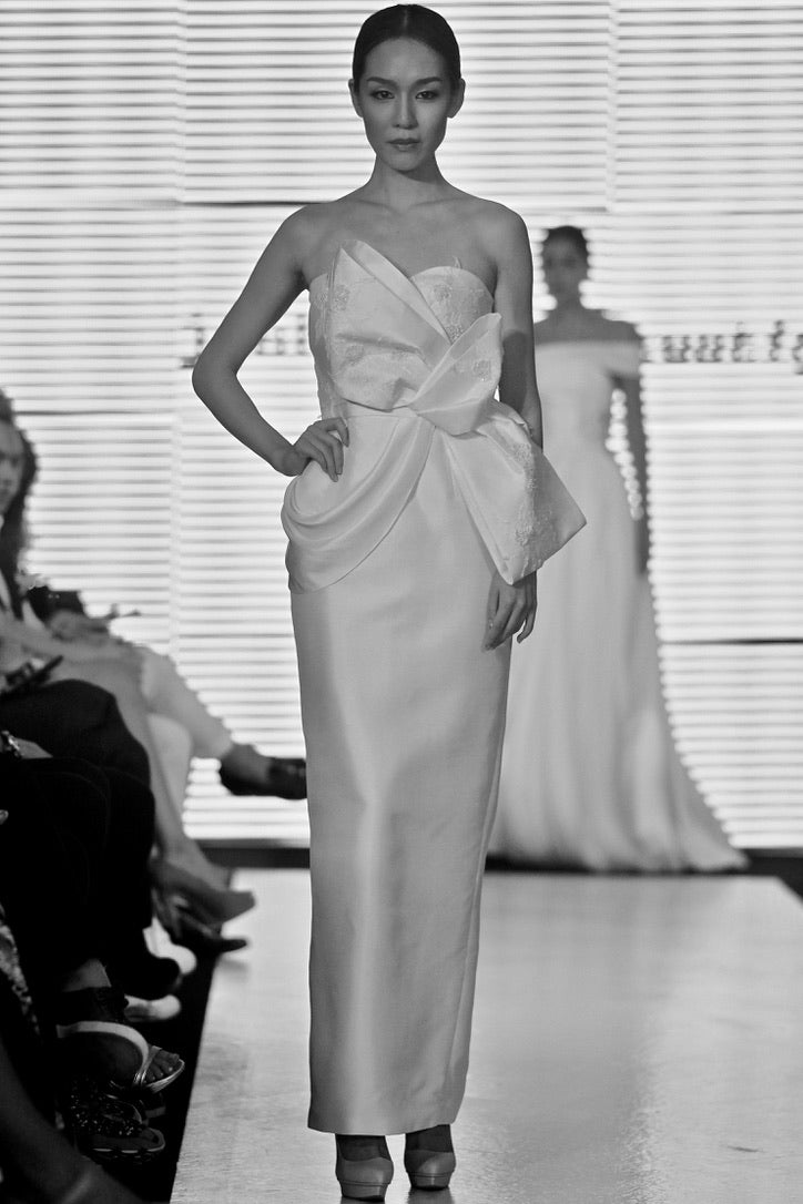 Akiko Shantung silk draped bow dress