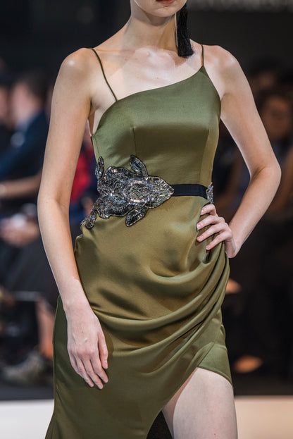 WHITNEY DRAPED MERMAID GOWN IN OLIVE