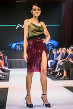 Load image into Gallery viewer, ALEXA SEQUIN COCKTAIL DRESS IN OLIVE AND BORDEAUX
