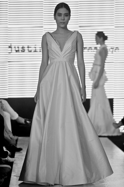 Athena plunging neckline taffeta gown with lace details