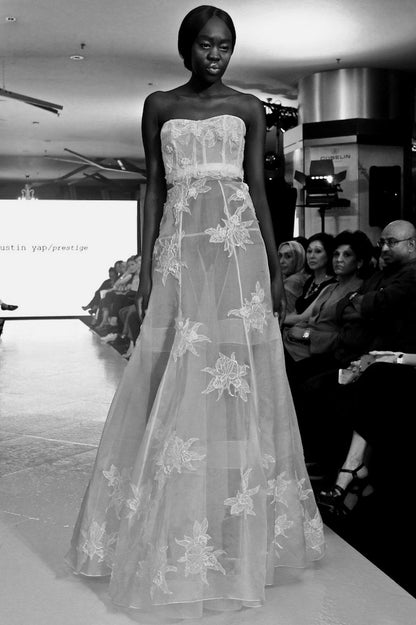 Alyona silk organza mermaid gown with French lace appliqué