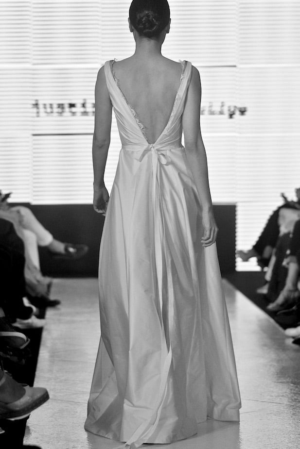 Athena plunging neckline taffeta gown with lace details