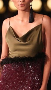 ALEXA SEQUIN COCKTAIL DRESS IN OLIVE AND BORDEAUX