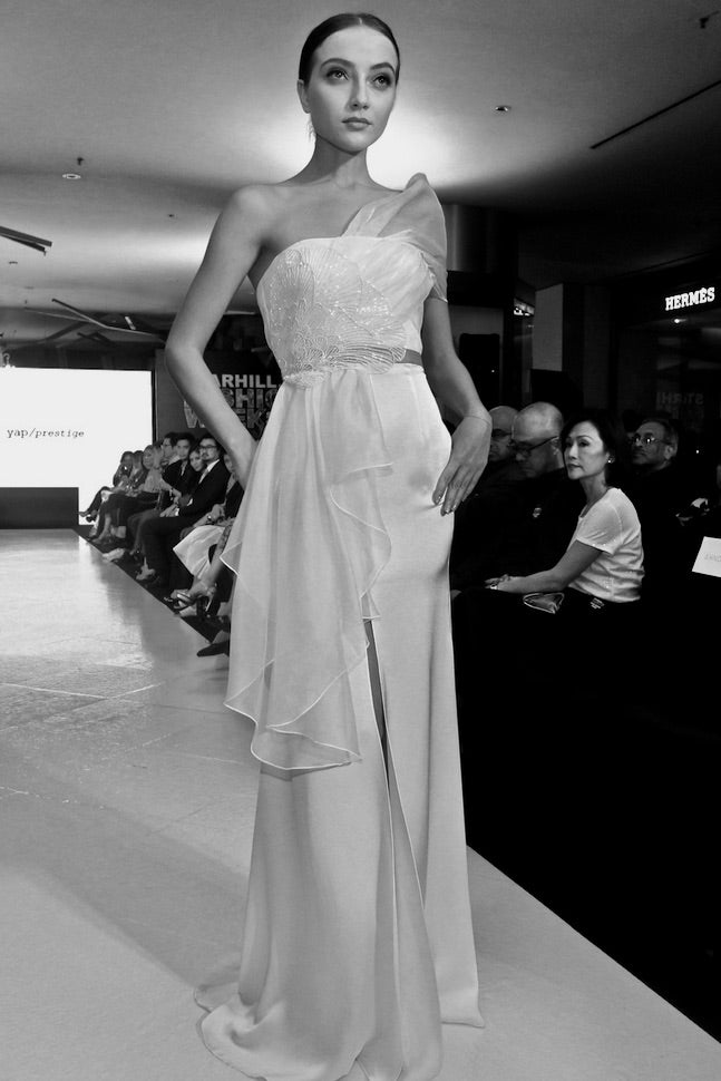 Ayla satin mermaid dress with draped silk organza bodice