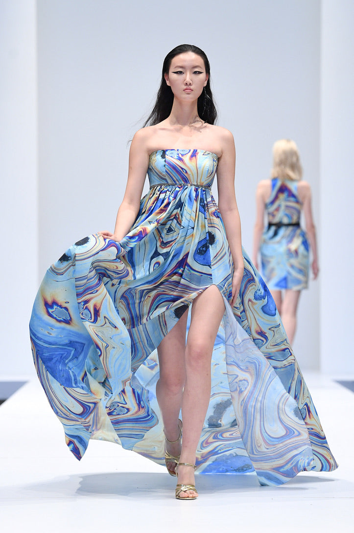STELLA FLYAWAY STRAPLESS OIL SPILL PRINT DRESS