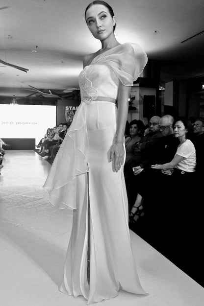 Ayla satin mermaid dress with draped silk organza bodice