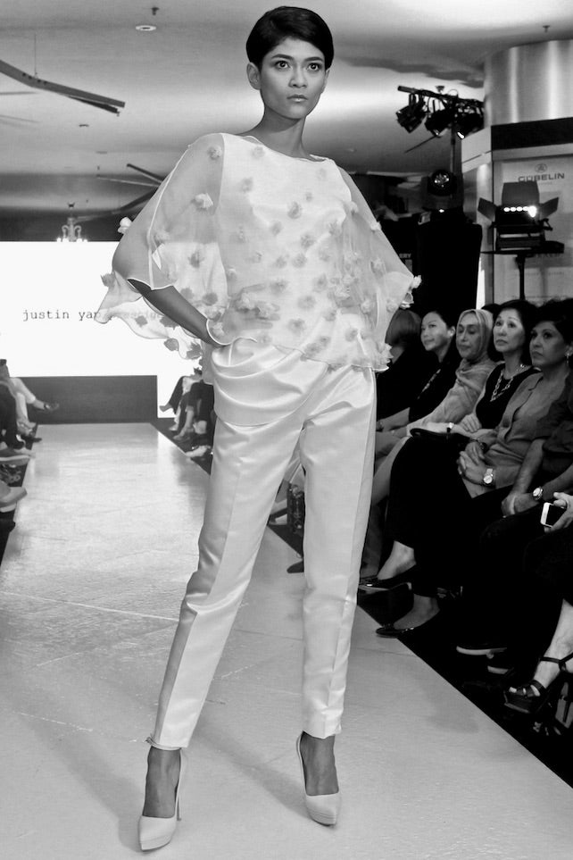 Aurora silk chiffon capelet and duchess satin pants