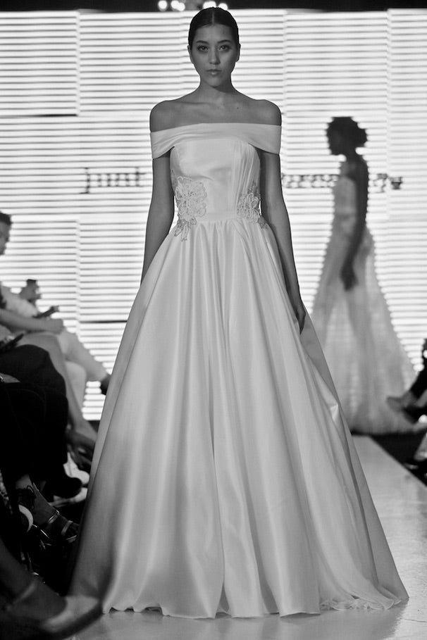 Anastasia duchess off shoulder gown with silk chiffon detail