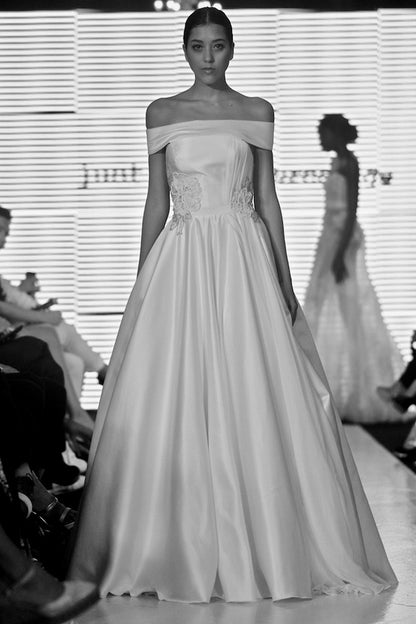 Anastasia duchess off shoulder gown with silk chiffon detail